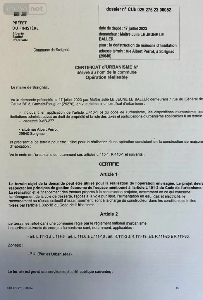 Terrain a batir a vendre Scrignac 29640 Finistère 29 27500 euros 29064-2760 005