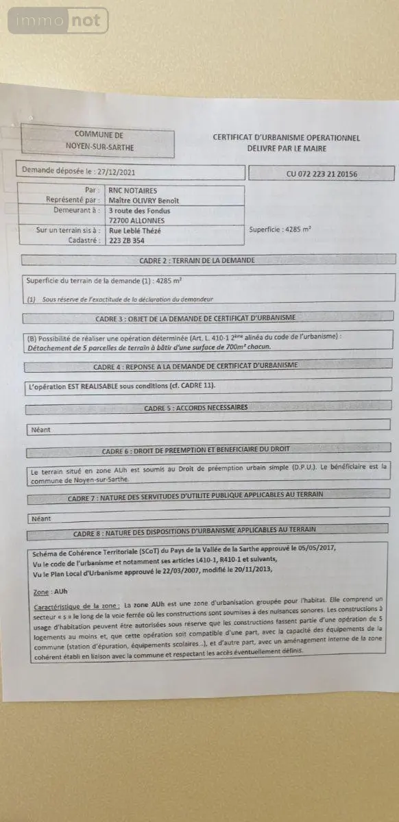 Terrain a batir a vendre Noyen-sur-Sarthe 72430 Sarthe 72 4285 m2 43000 euros 72119-1455 003